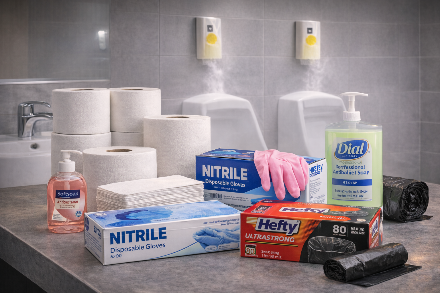 Restroom paper, soap and dispensers for restaurants